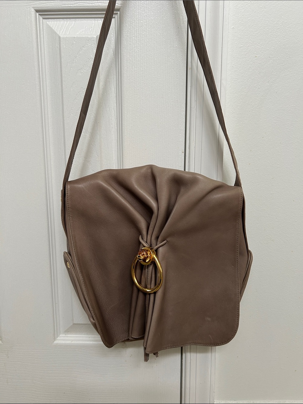 Gucci Gray  Ruched Shoulder Bag with Gold Ring
